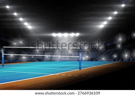 Volleyball net and support posts are being shown in flat design arena with floodlights and seating. Sport, competition, arena, athletic, stadium, lighting, performance