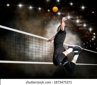 Volleyball player players in action. Sports banner. Attack concept with copy space