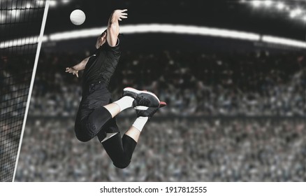 Volleyball Player Players In Action. Sports Banner. Attack Concept With Copy Space