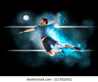 Jugadores de voleibol en acción. Cartel deportivo. Ataque el concepto con espacio de copia