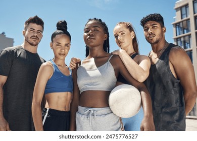 Volleyball, sports and portrait of a team of friends standing on an outdoor court with a ball for game. Diversity, fitness and people ready for sport match together for exercise, workout or training. - Powered by Shutterstock