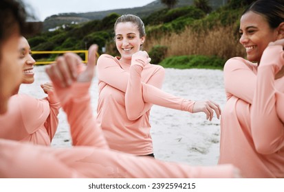 Volleyball, sports and women stretching on beach excited to play match, competition and games. Teamwork, fitness and happy female players stretch arms for warm up practice, training and exercise - Powered by Shutterstock