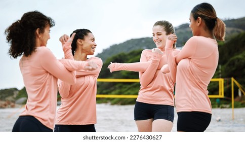 Volleyball, team and women stretching on beach excited to play match, competition and sport game. Teamwork, fitness and happy female players stretch arms for warm up practice, training and exercise - Powered by Shutterstock