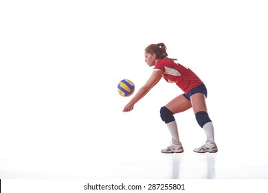 Volleyball Woman Jump And Kick Ball Isolated On White Background