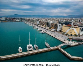 Volos, Greece - November 2019: Aeral Cityscape View Of Volos City, Greece During Winter Period. Centered The Argo Wooden Boat To Be Part Of The Festive Decoration In View Of Christmas