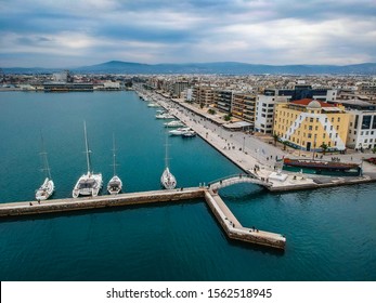 Volos, Greece - November 2019: Aeral Cityscape View Of Volos City, Greece During Winter Period. Centered The Argo Wooden Boat To Be Part Of The Festive Decoration In View Of Christmas