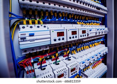 Voltage Switchboard With Circuit Breakers. Electrical Background