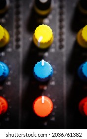 Volume Regulator Knobs On Sound Mixer Device For Professional Disc Jockey. Dj Audio Equipment In Close Up