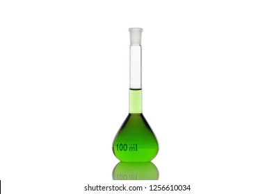 Volumetric flask with green liquid on white background