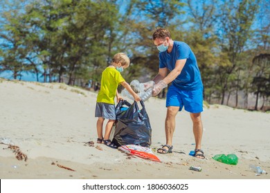 Volunteer blue face mask forest sand beach. Son helps father hold black bag for pick up garbage. Problem spilled rubbish trash planet pollution environmental protection. Natural children education - Powered by Shutterstock