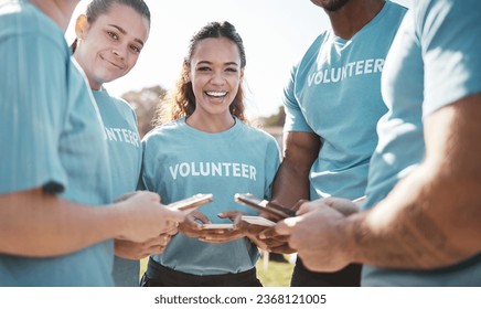 Volunteer, park and portrait of people with phone for social media, online chat and charity website update. Community service, teamwork and happy ngo group on smartphone outdoor for cleaning litter - Powered by Shutterstock