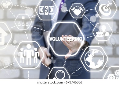 Volunteering Charity People Donation Voluntary Aid Assistance Concept. Business Man Presses Volunteering Button On Virtual Screen.