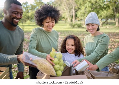 Volunteering, donation food and people with child for sustainability, poverty help and community service in park. Support, teamwork and fruits, vegetable and box for homeless, charity or society care - Powered by Shutterstock