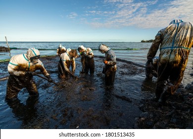 Volunteers clean the ocean coast from oil after a tanker wreck. Mauritius - Shutterstock ID 1801513435