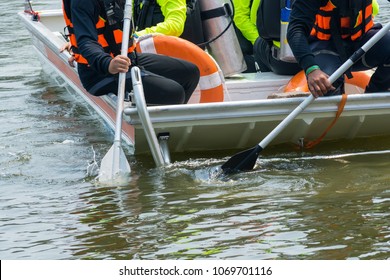 Volunteers Are Preparing The Boat For River Rescue Accident.