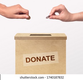 Volunteers Putting Money Into Box, Donating For Charity Against White Background