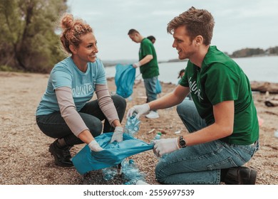 Volunteers wearing gloves are collecting plastic bottles on a river bank, promoting environmental cleanup and teamwork - Powered by Shutterstock