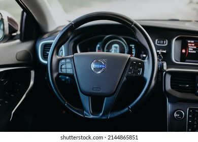 Volvo logo on the steering wheel. Volvo v40 interior.