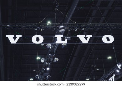 Volvo Swedish brand logo in Motor expo or Motor show exhibition booth sign, luxury Automobile company in Sweden.23 March 2022,Bangkok,THAILAND.
