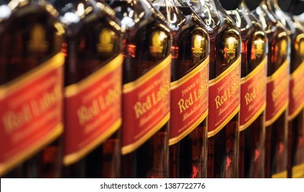 Volzhsky, Russia - apr 26, 2019: Products of hypermarket sale of alcoholic Johnnie Walker is a brand of Scotch whisky owned sale of alcoholic beverages in the metro store cash and carry