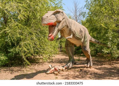 Volzhsky, Russia, July 17, 2022 Open-air Dinosaur Park In Summer. Extinct Species. Close-up.