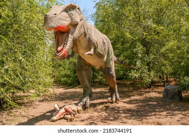 Volzhsky, Russia, July 17, 2022 Open-air Dinosaur Park In Summer. Extinct Species. Close-up.