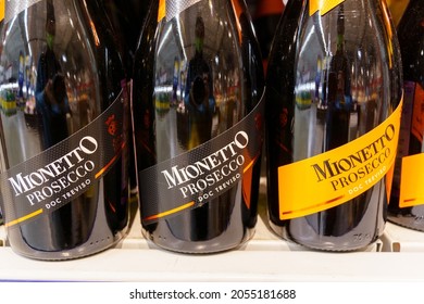 Volzhsky, Russia-September 21, 2021: Mionetto Prestige Collection Prosecco DOC Treviso Brut. On The Shelves Of The Hypermarket