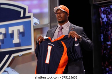 Von Miller (R) Is Introduced As The Second Pick To The Denver Broncos At The NFL Draft 2011 At Radio City Music Hall In New York, NY.