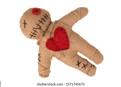 Voodoo doll with in burlap fabric, isolated on white background. Directly above. Cut out.