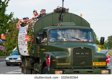 Vordingborg Denmark - June 23. 2016: Danish Students Celebrate Their Graduation On The Back Of A Truck Which Is A Danish Tradition