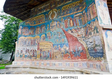 VORONET, ROMANIA - JULY 28, 2017: Voronet Monastery, On The UNESCO World Heritage List. Last Judgement Painting On The Western Wall.