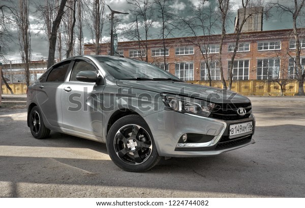 Voronezh, Russia - March 26, 2017: Russian\
budget car LADA VESTA in the urban\
environment
