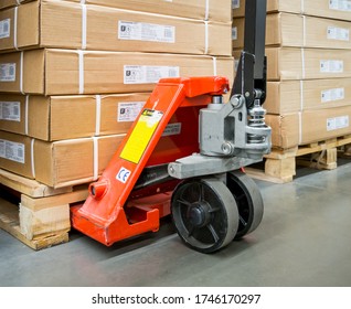 Voronezh, Russia - September 4, 2019: Hydraulic Manual Hoist Used In Stock