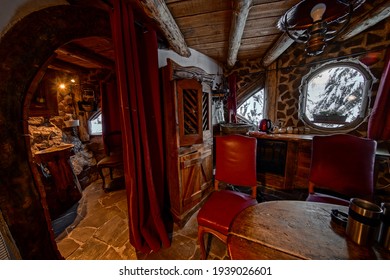 Vosges, FRANCE - 05 January 2021: Inside a traditional log cabin in French Vosges forest.