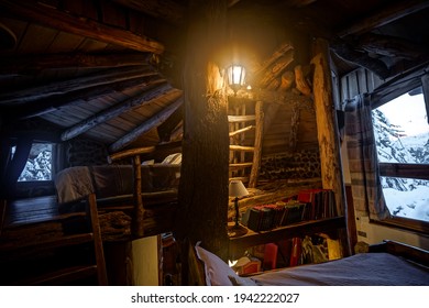 Vosges, FRANCE - 05 January 2021: Inside a traditional log cabin in French Vosges forest.