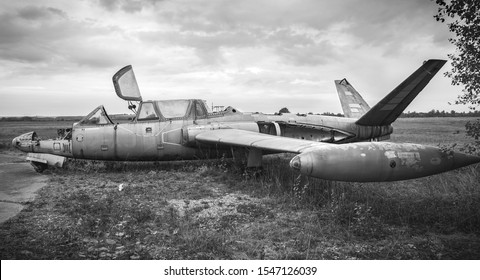 Vosges, FRANCE - July 2018: Military urbex of a "Fouga CM-170 Magister" fighter plane forget inside an abandoned military base.