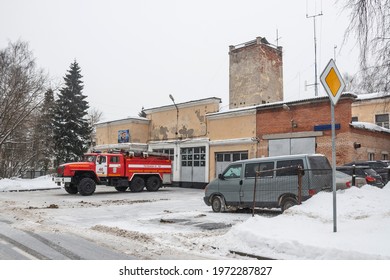 Vostochny District, Moscow, Russia - January 21, 2021. Fire Truck Ural 4320 On The City Street At The Fire Station In The Snow. Special Vehicle For Fire Fighting.