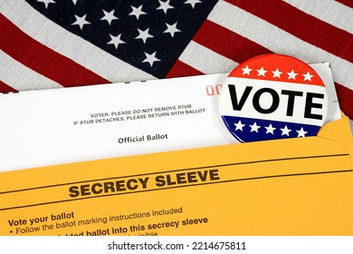 Vote Button In Mail-in Ballot Envelope On An American Flag