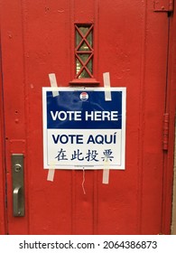 A Vote Here Vote Aqui Voting Sign In English, Spanish And Chinese In New York City