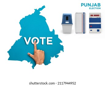 VOTE FOR INDIA PUNJAB , male Indian Voter Hand with voting sign or ink pointing out , Voting sign on finger tip Indian Voting on blue background Electronic voting machine