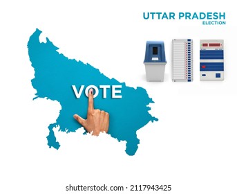 VOTE FOR INDIA UTTAR PRADESH , male Indian Voter Hand with voting sign or ink pointing out , Voting sign on finger tip Indian Voting on blue background with Electronic voting machine