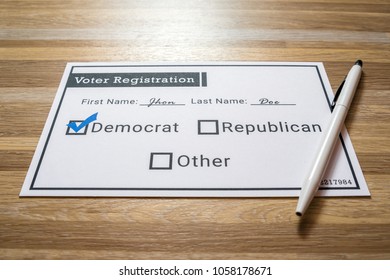 Voter Registration Card With Democratic Party Selected.
A Photo Of A Faux Voter Registration Form Signifying That A Person Is Joining The Democratic Party.