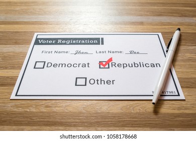 Voter Registration Card With Republican Party Selected.
A Photo Of A Faux Voter Registration Form Signifying That A Person Is Joining The Republican Party.