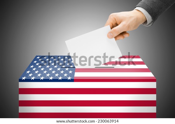 Voting concept - Ballot box painted into national\
flag colors - United\
States