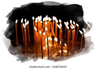 Votive Prayer Candles Inside A Catholic Church On A Candle Rack