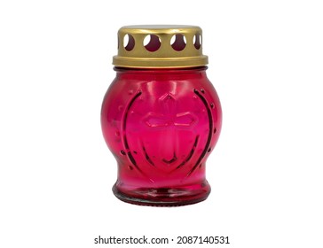 Votive Red Or Pink Candle Isolated On White Background. Icon Lamp.