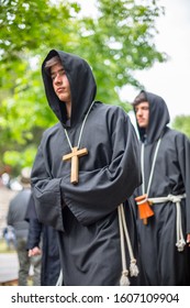 Vouzela / Portugal - 07 07 2019 : View Of Actor Dressed In Medieval Clothes On Medieval Market, Catholic Friar Dress, Blurred Background