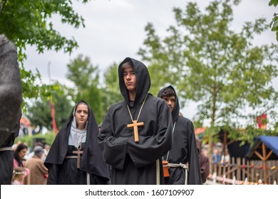 Vouzela / Portugal - 07 07 2019 : View Of Actor Dressed In Medieval Clothes On Medieval Market, Catholic Friar Dress, Blurred Background