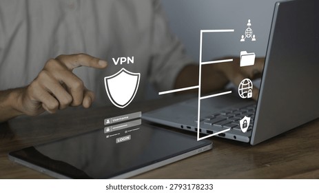 VPN access through a virtual login interface with encryption, privacy protection, secure authentication, cloud connectivity, network security, and remote business communication