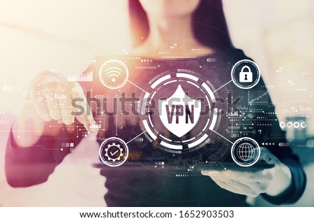 VPN concept with businesswoman on a city background